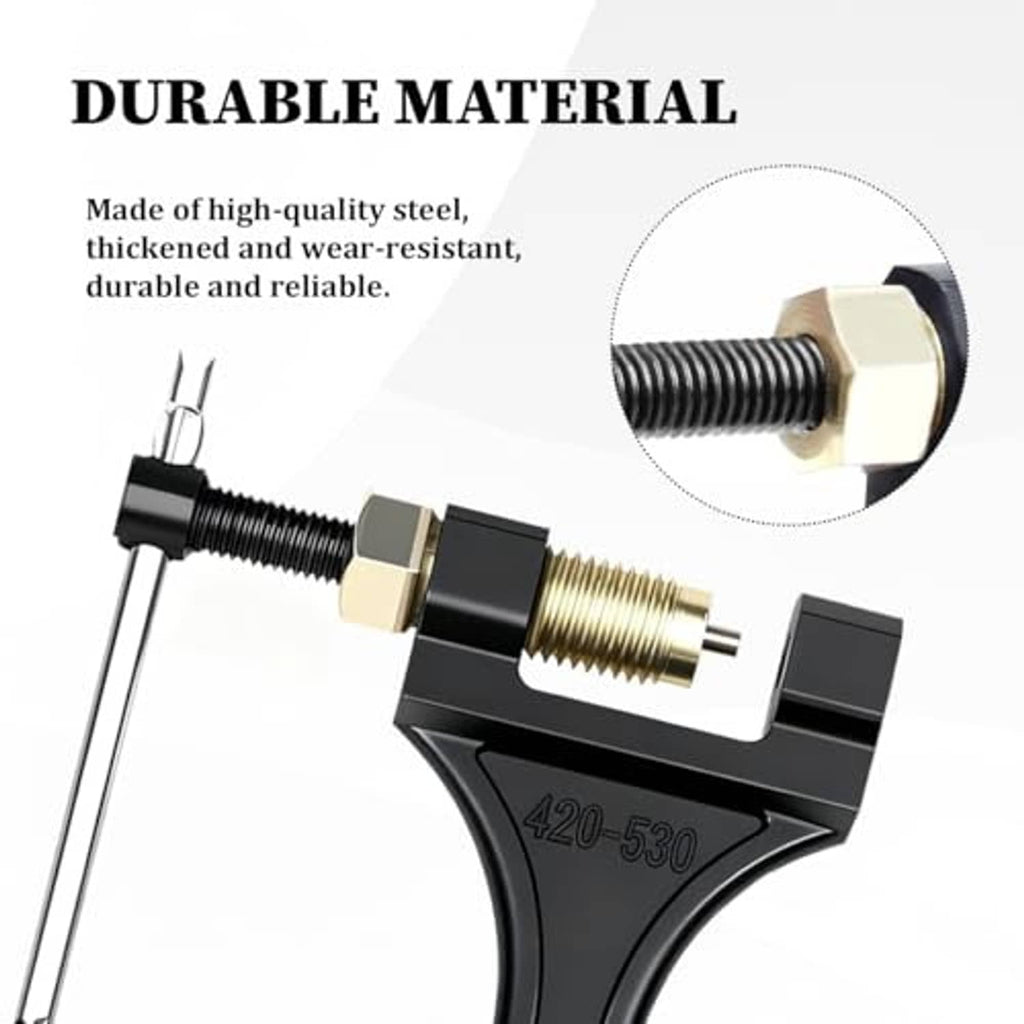 Motorcycle chain breaker tool close-up with threaded screw and gold center nut