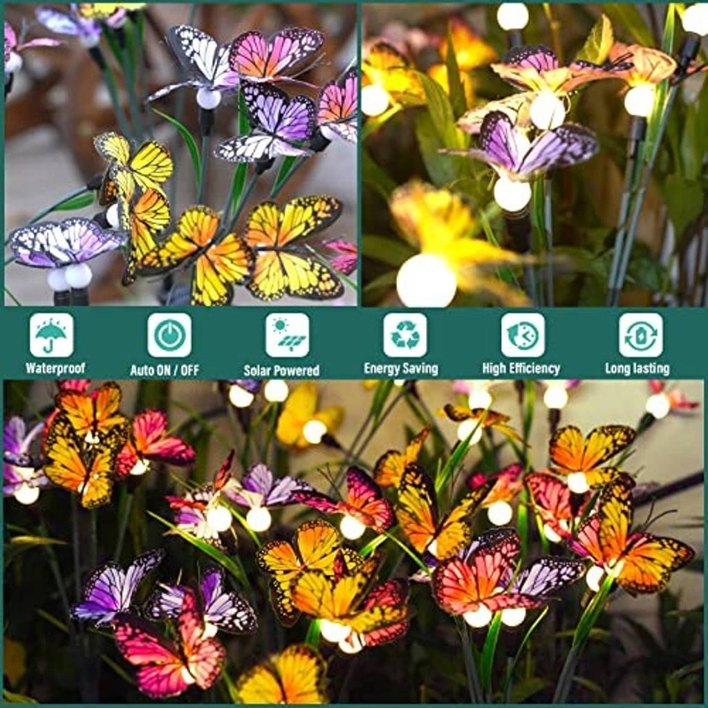 Solar butterfly garden lights close-up: glowing bulb stakes with detailed butterfly cutouts