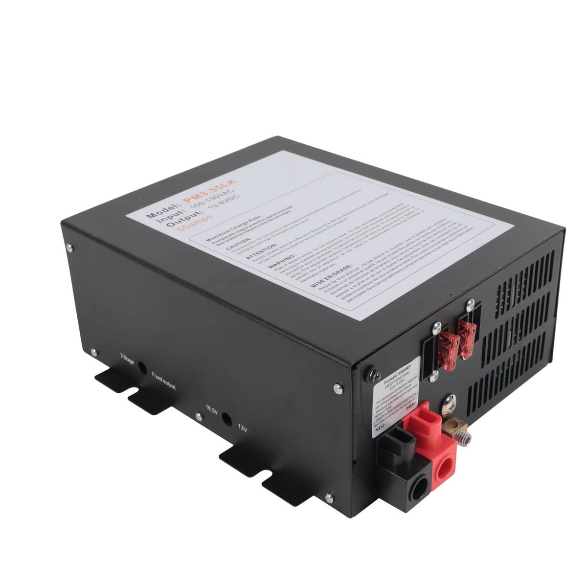 Black RV power converter with cooling vents, terminal block, and red DC connectors