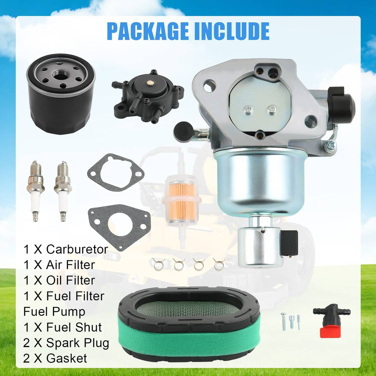 Carburetor package with air filter, oil filter, fuel pump, spark plug, and gaskets