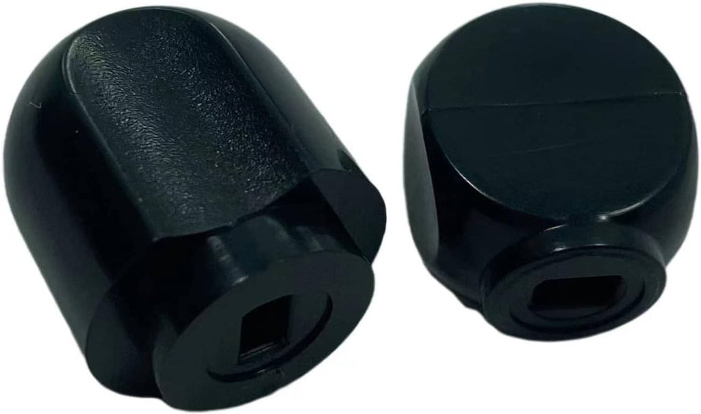 Pair of black stand mixer speed control and lock lever knobs with circular openings