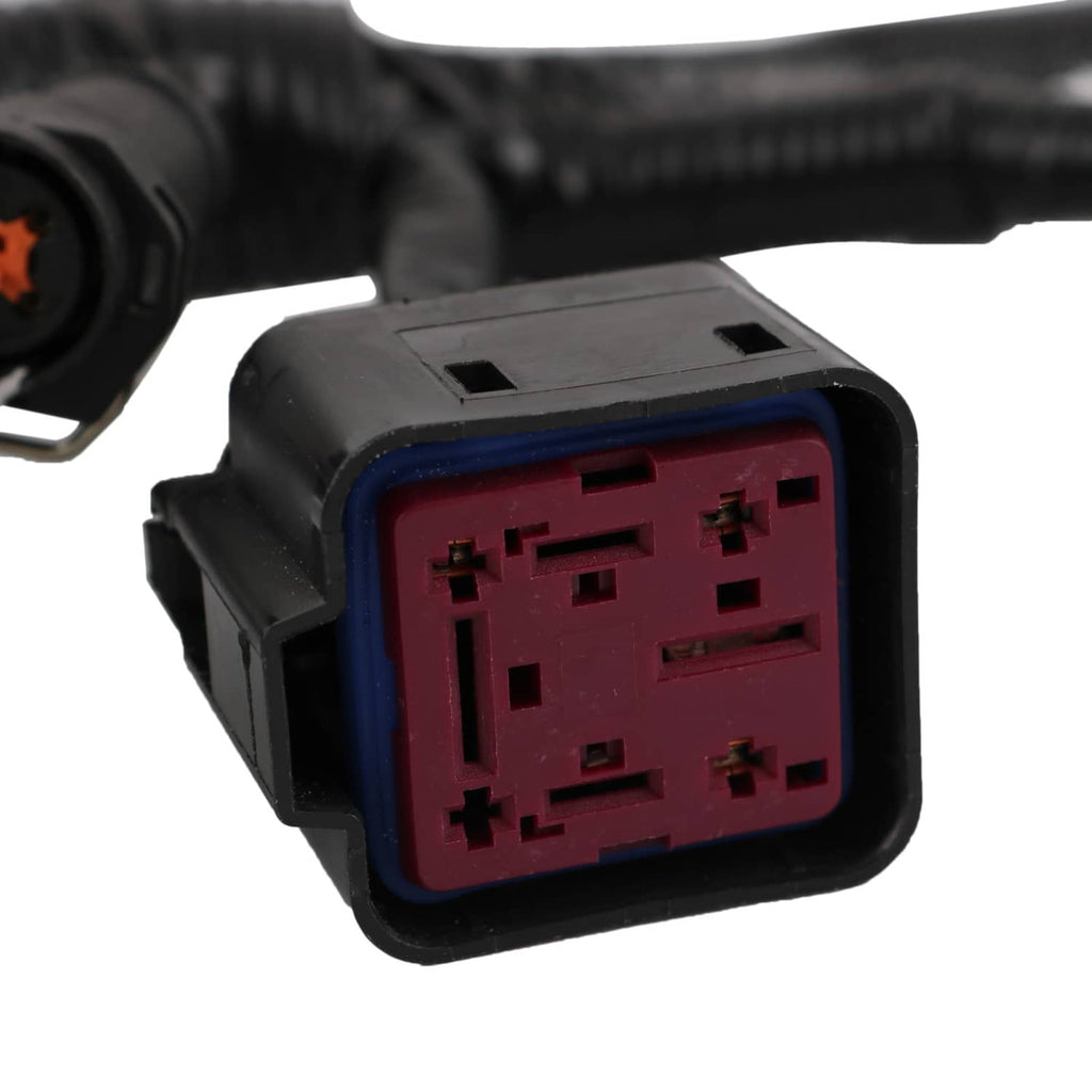 Engine wire harness connector with blue frame and maroon multi-pin socket