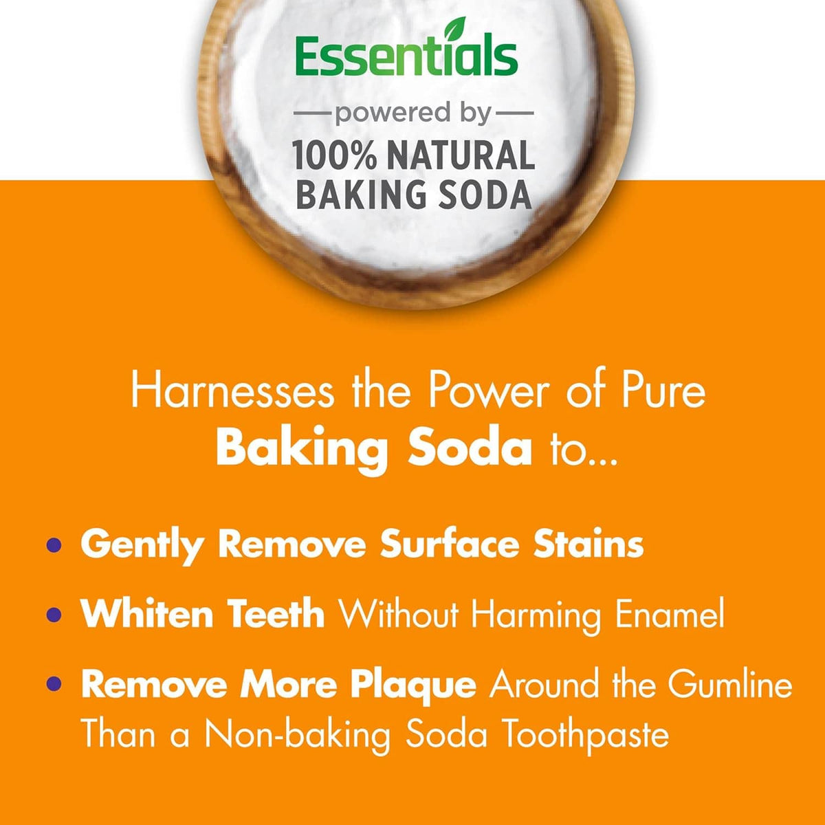 Toothpaste benefits graphic powered by natural baking soda for whitening and stain removal