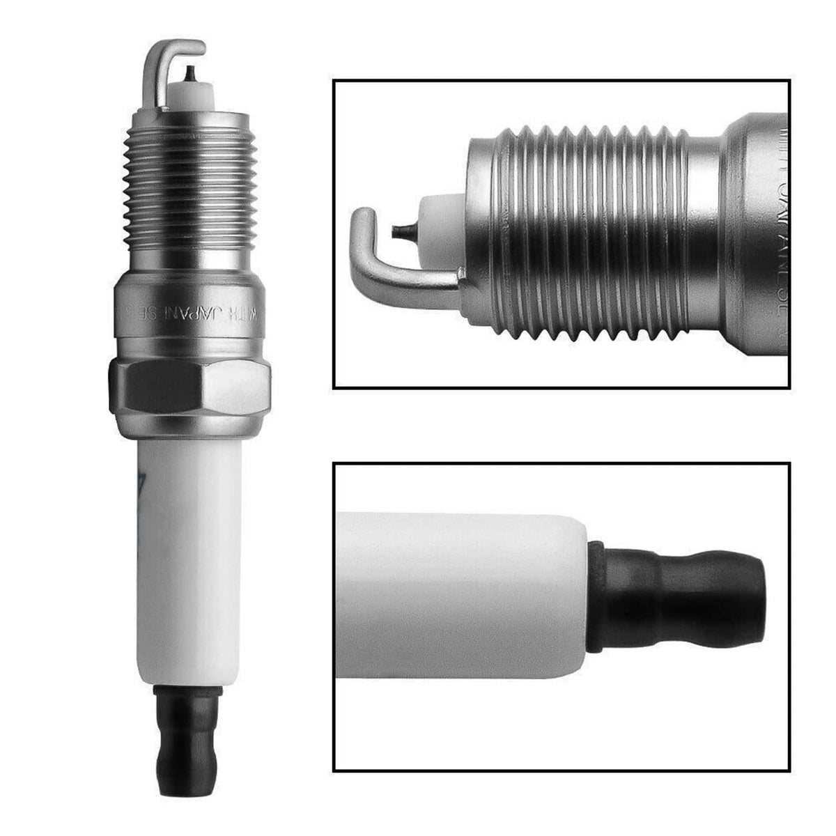 Spark plug with metal tip and black ignition wire boot