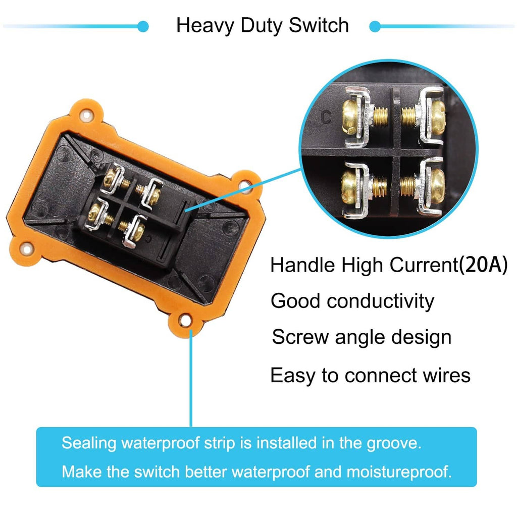 Heavy-duty waterproof inline switch with screw terminal block and orange mounting base