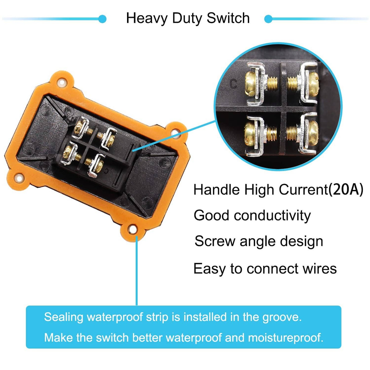 Heavy-duty waterproof inline switch with screw terminal block and orange mounting base