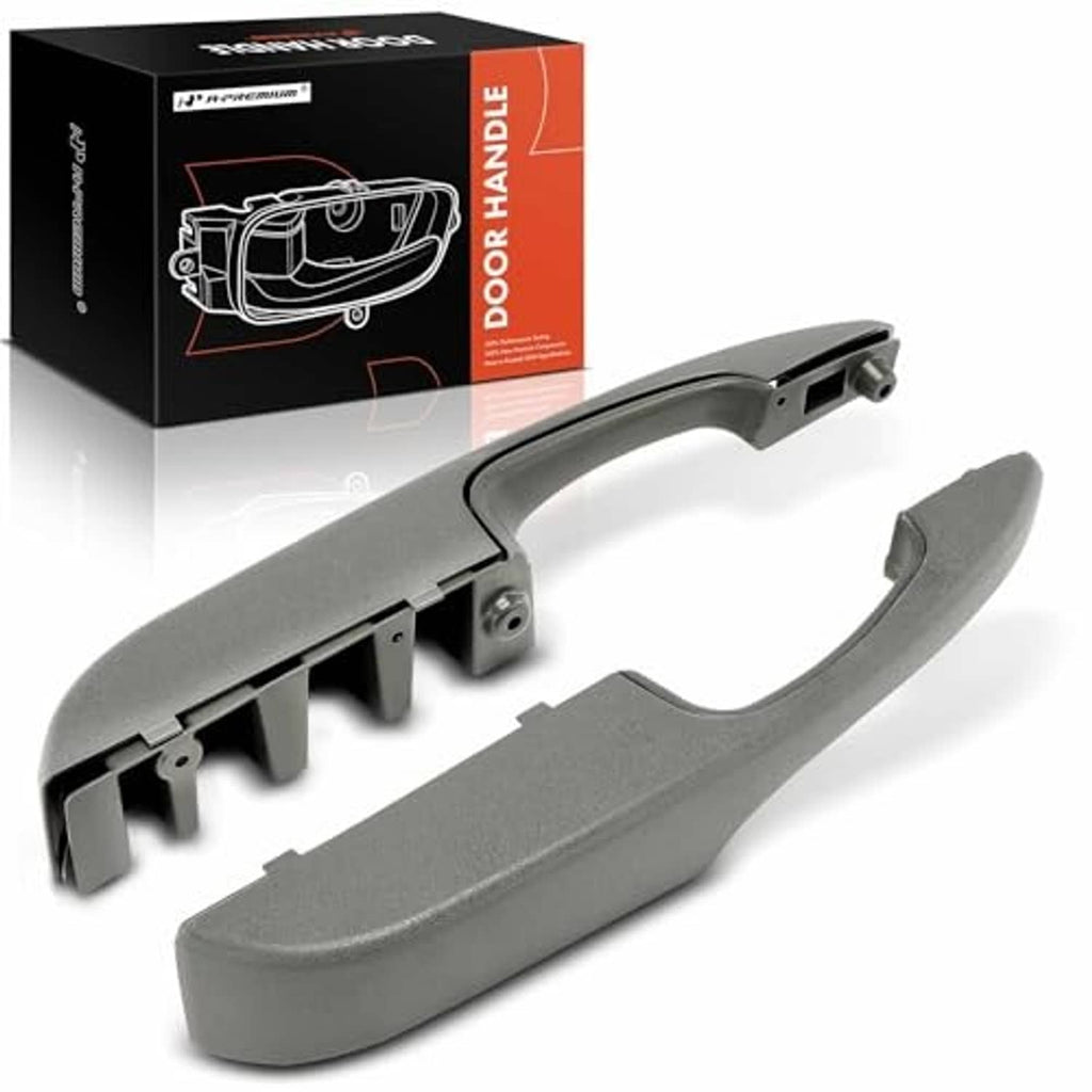 Gray interior door pull handle pair, front left and right, curved design with bracket base.