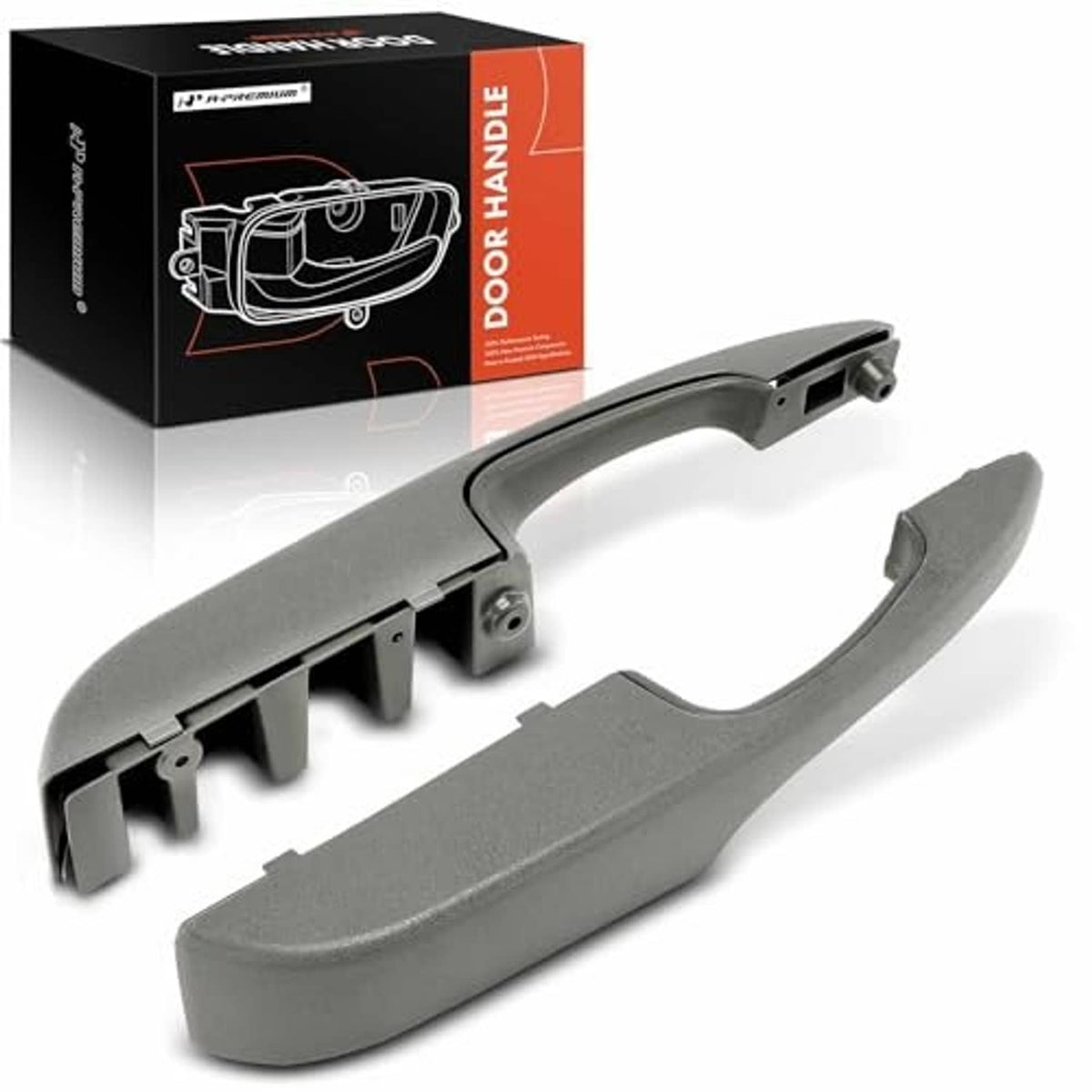 Gray interior door pull handle pair, front left and right, curved design with bracket base.
