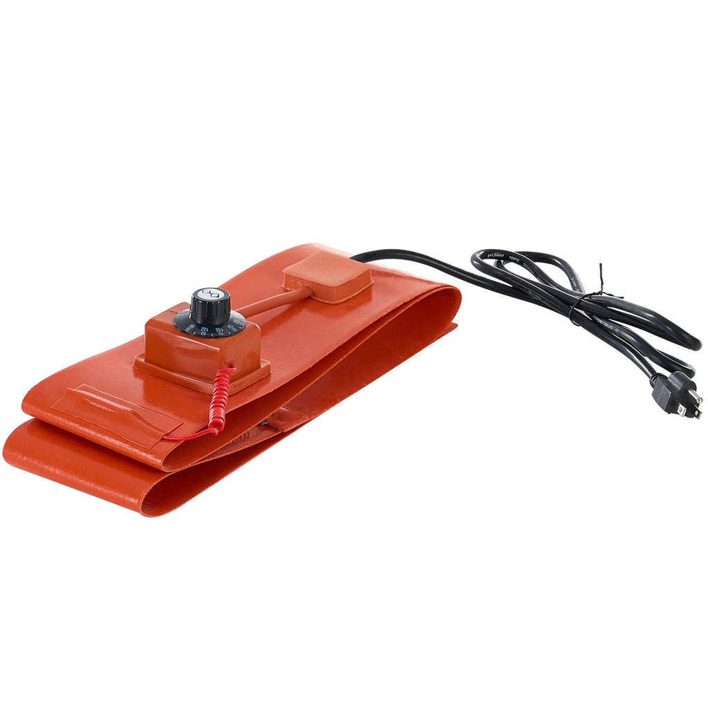 Orange silicone drum heater pad with temperature knob and attached power cord