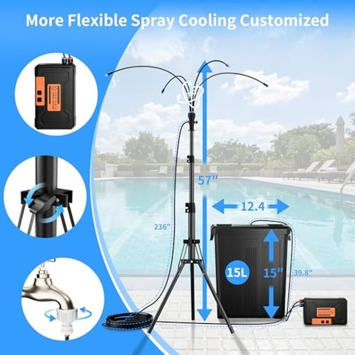 Portable outdoor mist system with standing frame and large 4-gallon mist bucket