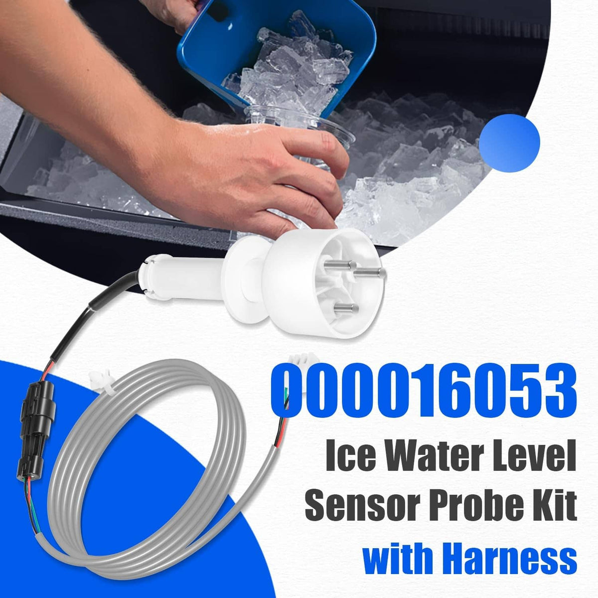 Ice water level sensor probe kit with white sensor and gray wiring harness