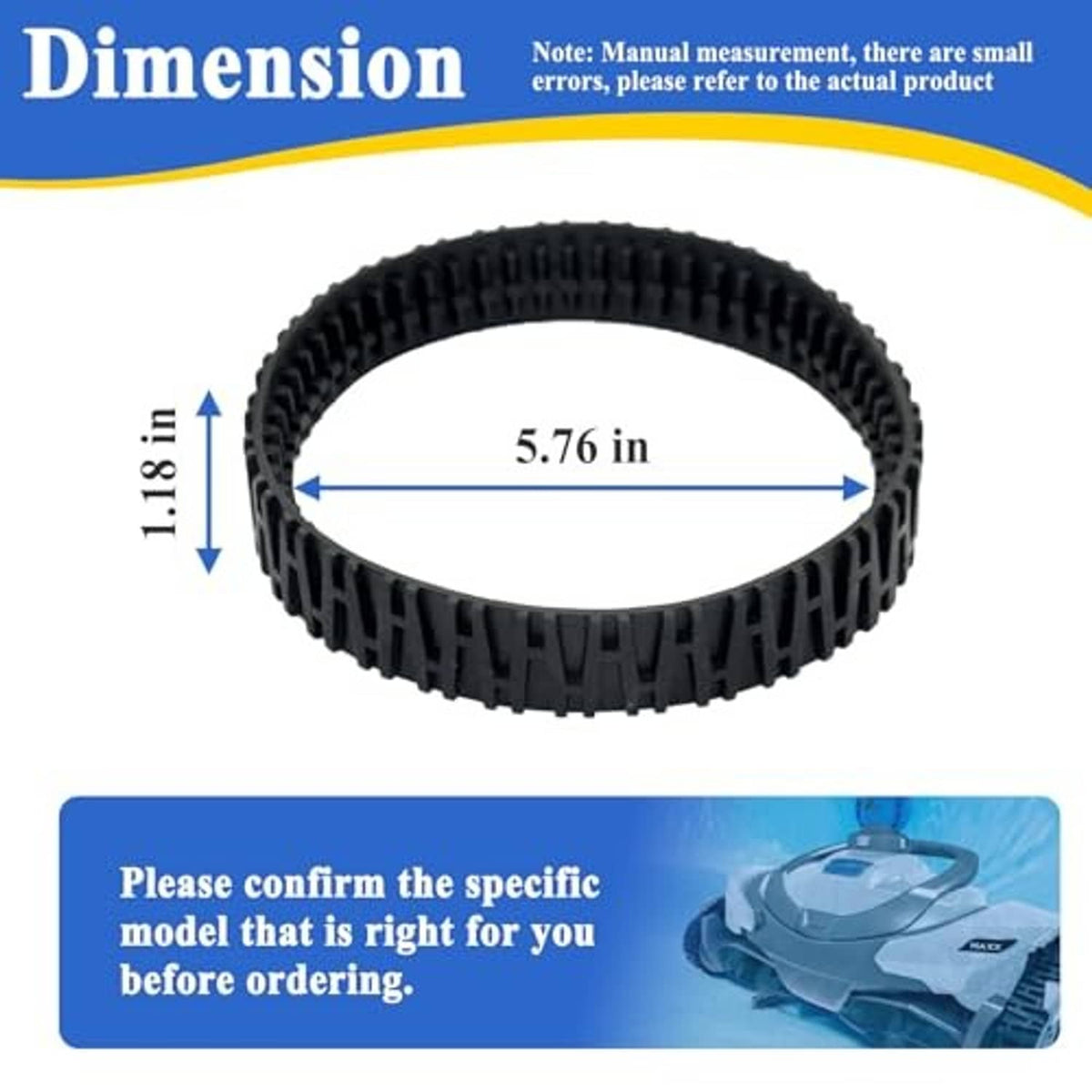 Black rubber pool cleaner track belt with raised tread blocks