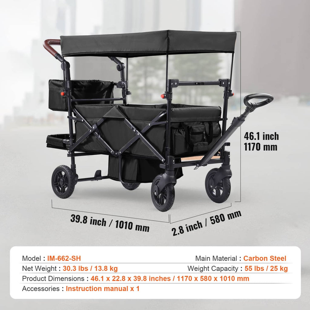Black double stroller wagon with canopy, rear cargo pocket, and wraparound safety harness.
