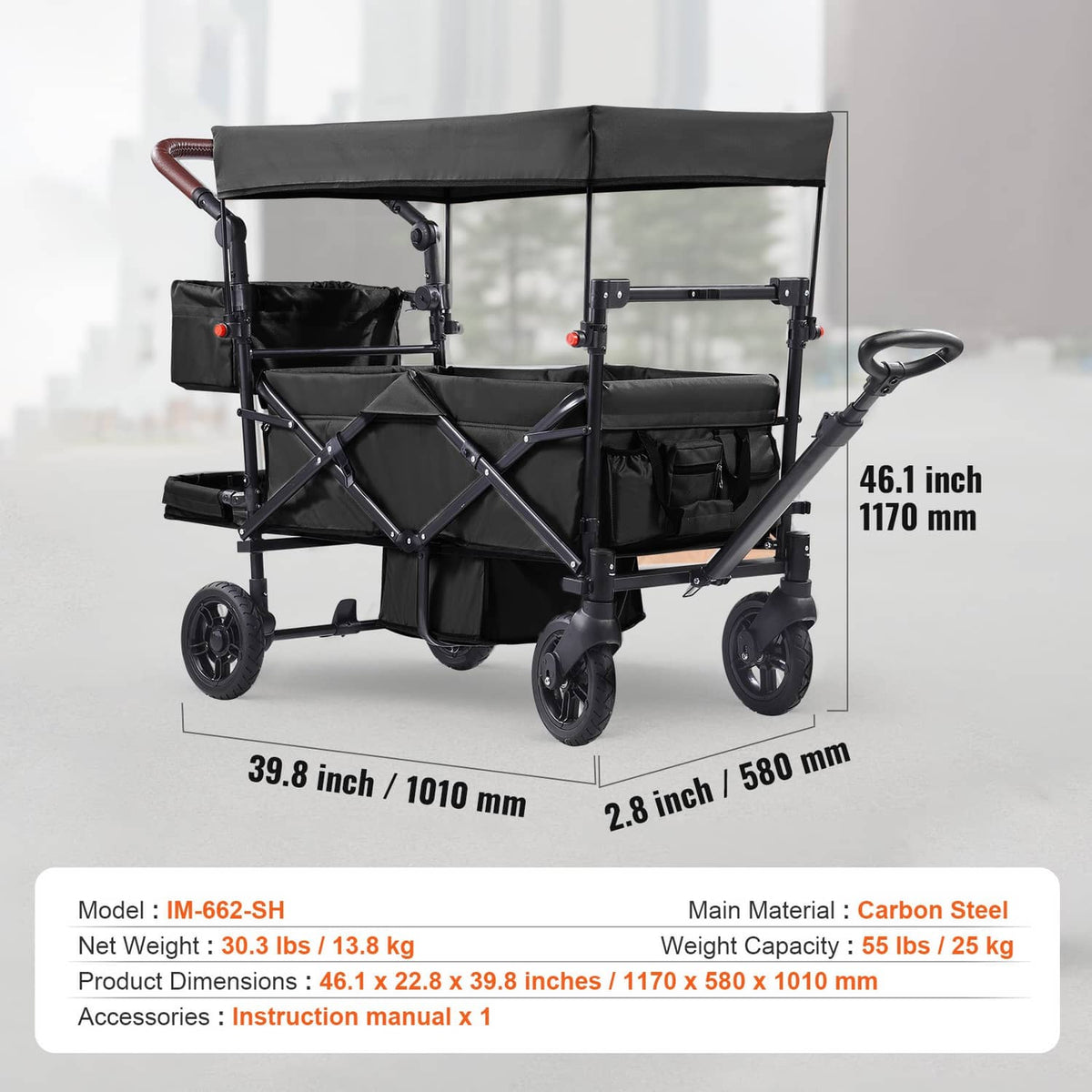 Black double stroller wagon with canopy, rear cargo pocket, and wraparound safety harness.