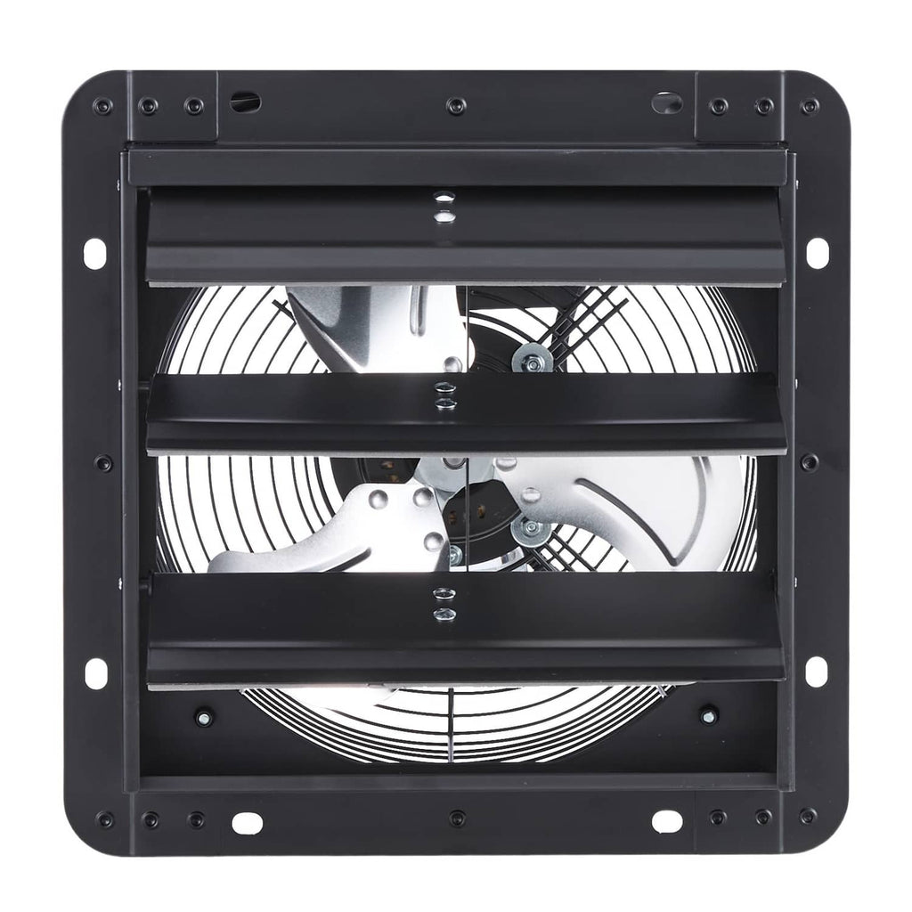 Wall-mount shutter exhaust fan with black housing and visible fan blades