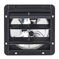 Wall-mount shutter exhaust fan with black housing and visible fan blades