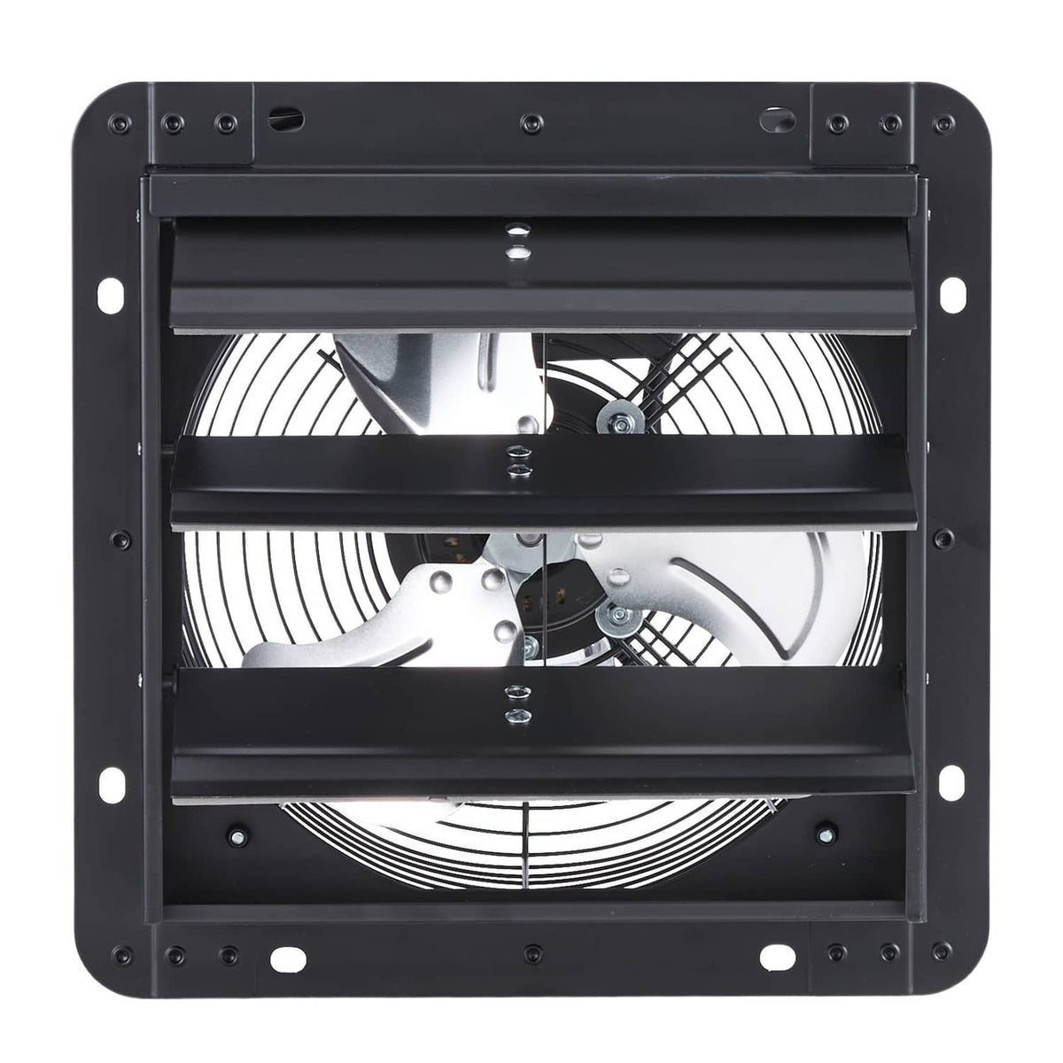 Wall-mount shutter exhaust fan with black housing and visible fan blades