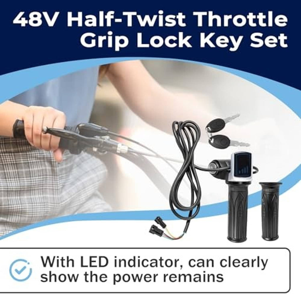 Electric scooter throttle grip set with LED indicator, two keys, and wiring cable.
