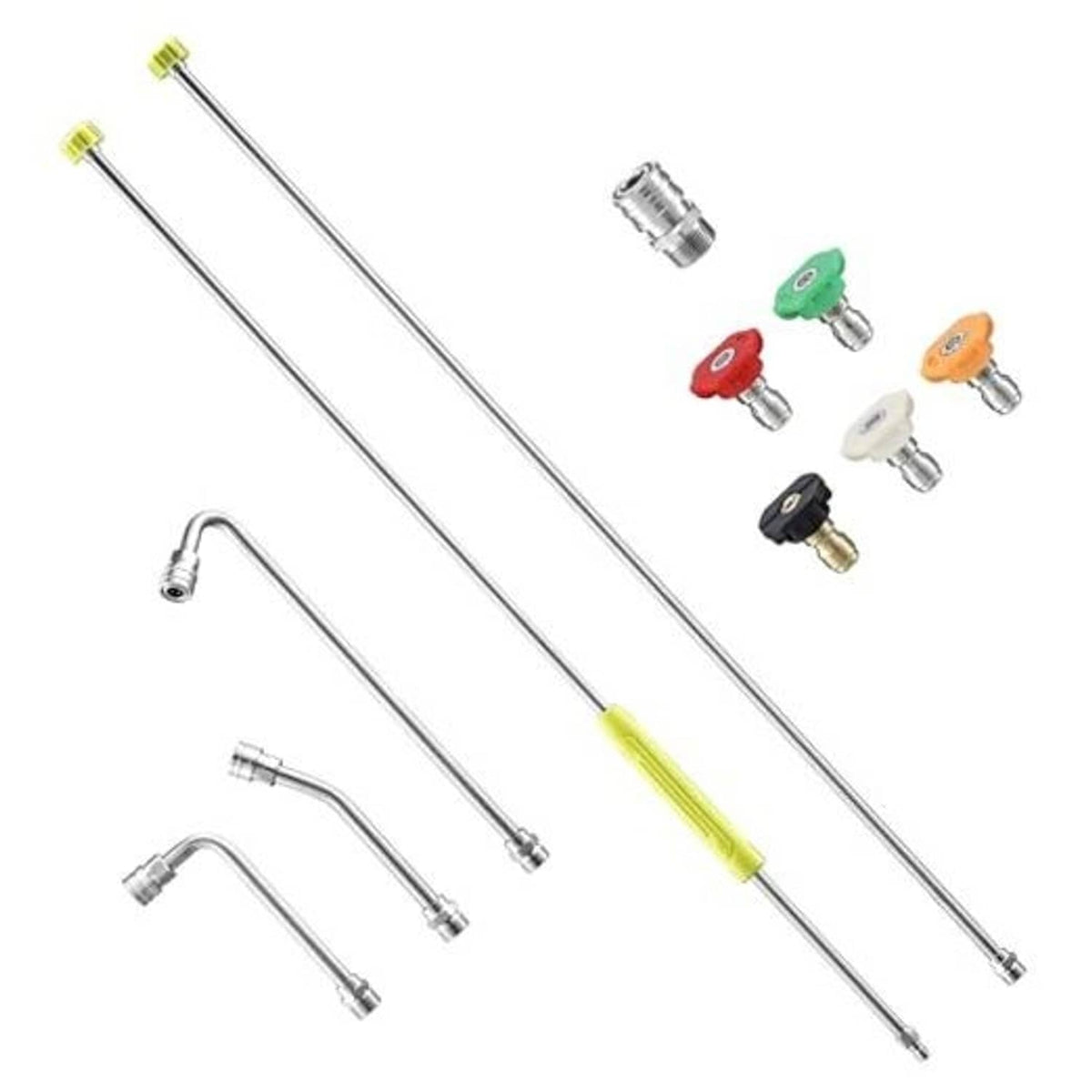 Pressure washer extension wands with quick-connect nozzles, stainless shafts, yellow tips