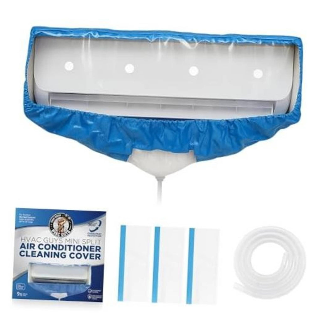 Blue waterproof mini-split cleaning cover bag with front overspray guard and drain