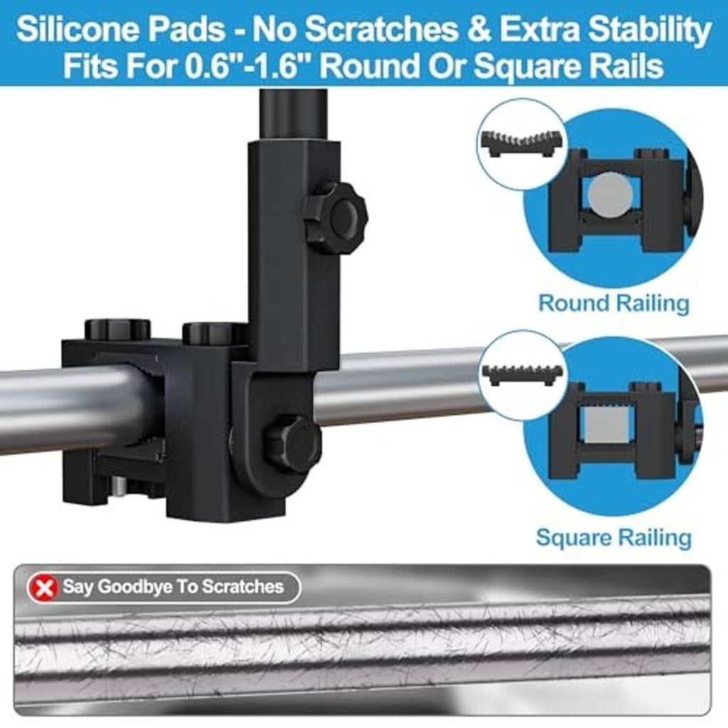 Black flag pole clamp with silicone pads for round or square rails