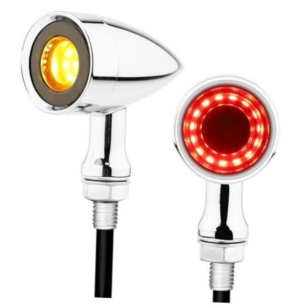 Chrome motorcycle rear LED turn signals, amber and red glowing lenses with threaded bases