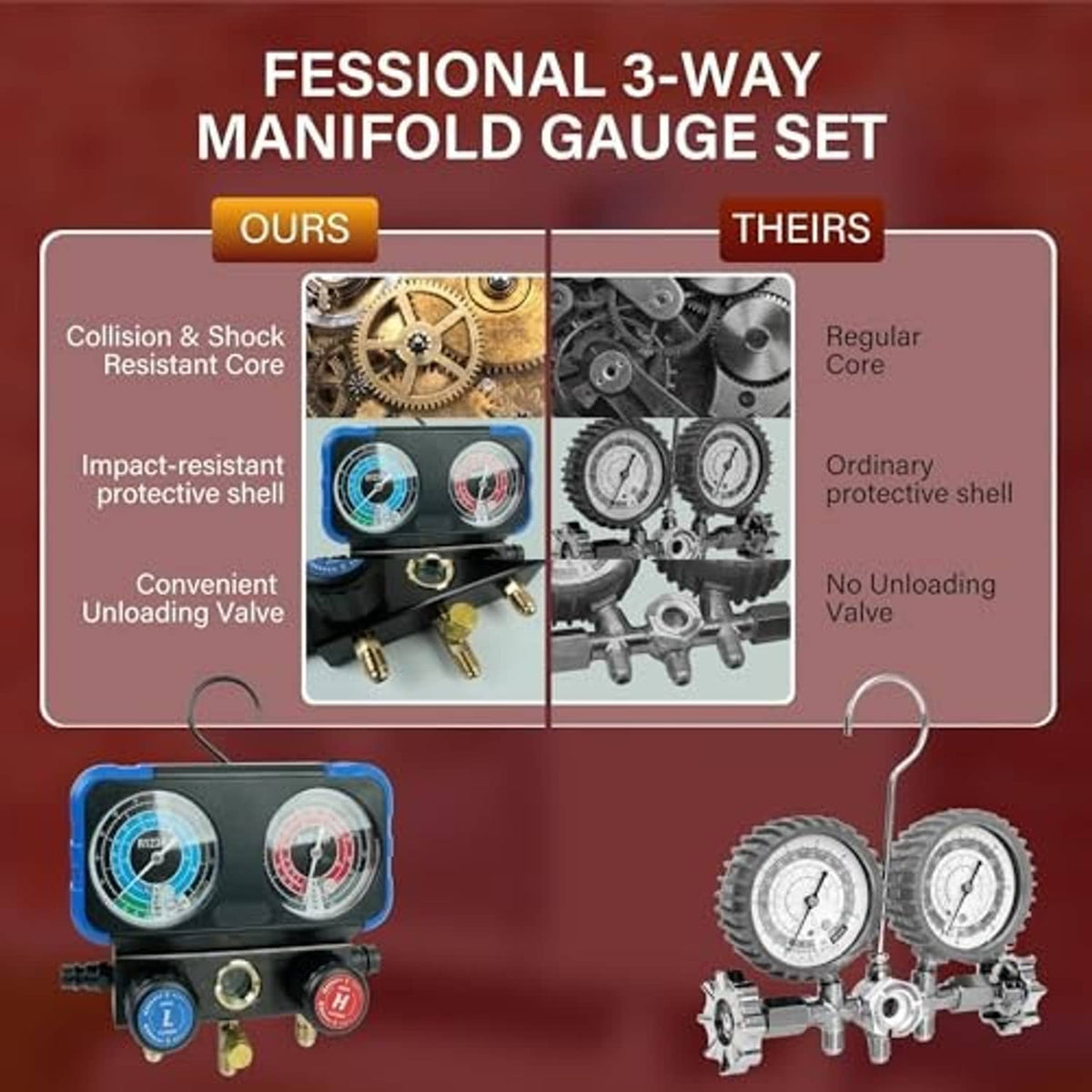 3-way manifold gauge set with two round gauges and colored hose connections