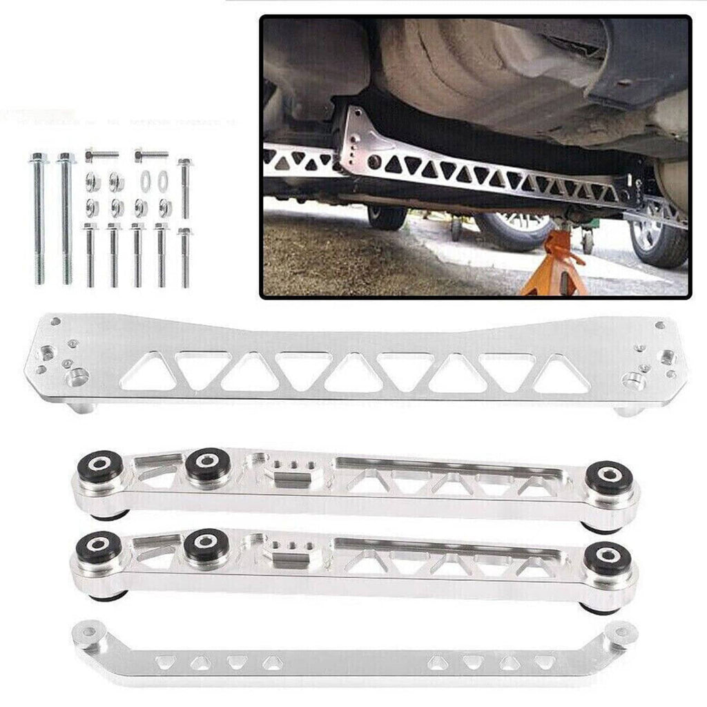 Silver rear subframe brace tie bar kit with link arms and mounting bolts