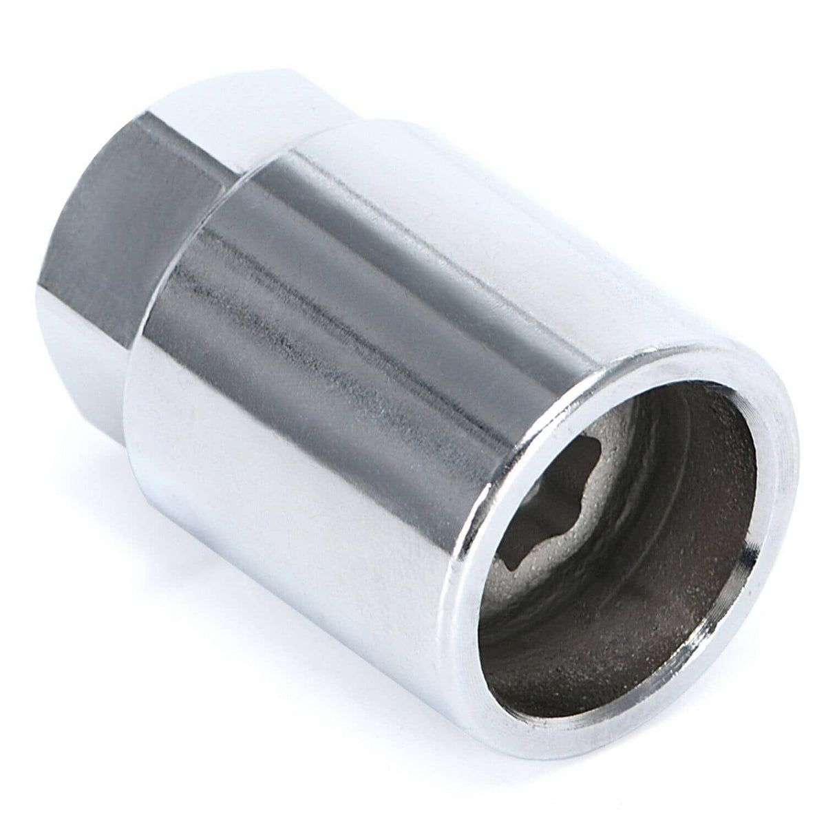 Alloy wheel lock lug nut sleeve end with internal dark socket opening, chrome finish