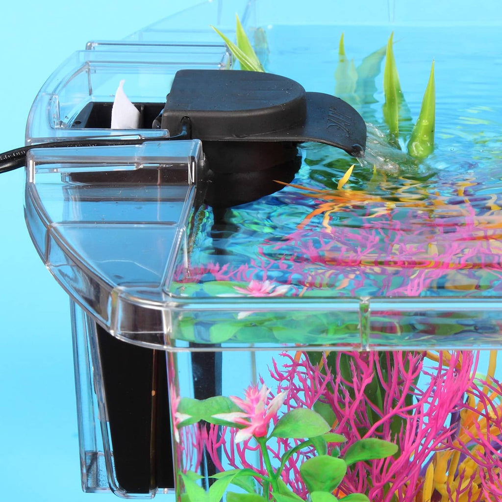 Black aquarium filter unit with installed white filter cartridge media