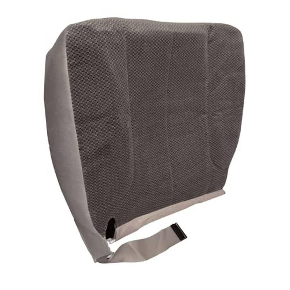 Front driver seat cushion cover in textured dark cloth with tan side panels