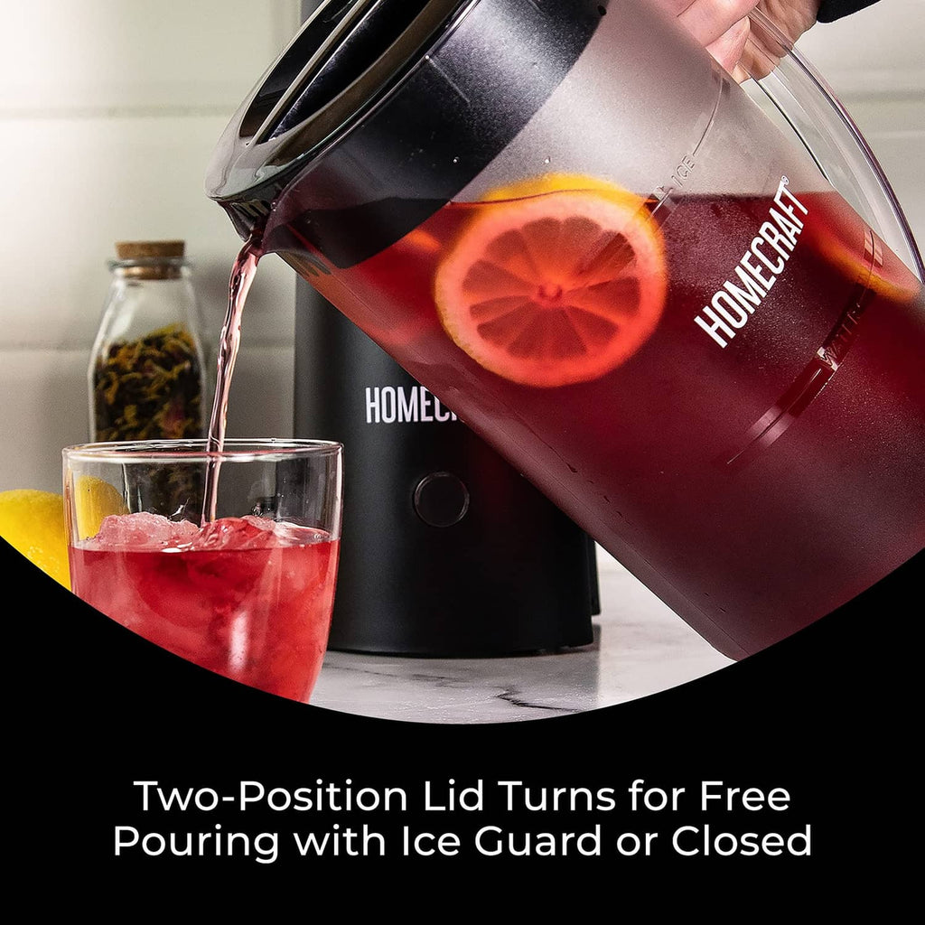Black Homecraft iced tea maker pouring red tea into glass from clear pitcher