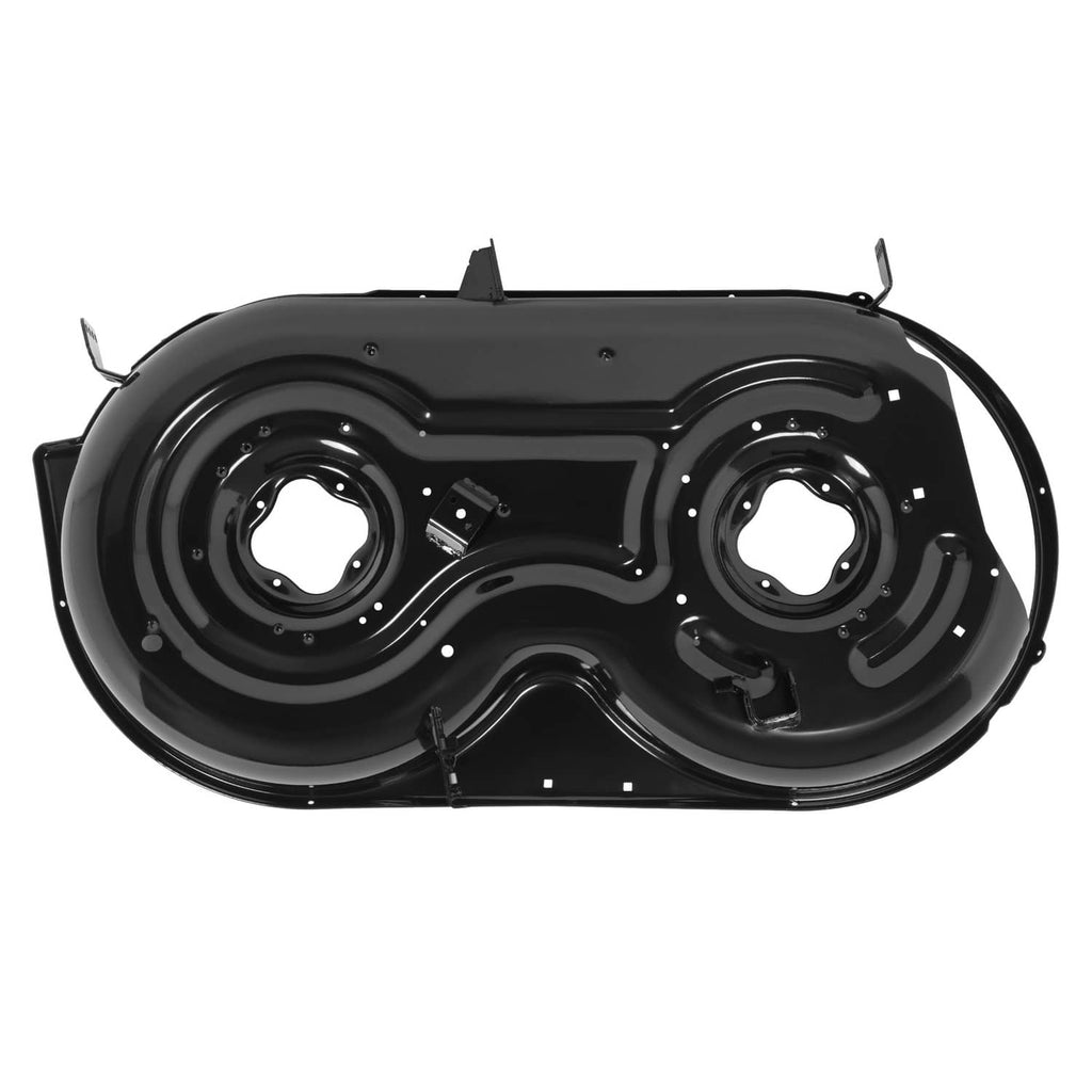 42-inch lawn mower cutting deck assembly with two circular blade openings, black steel