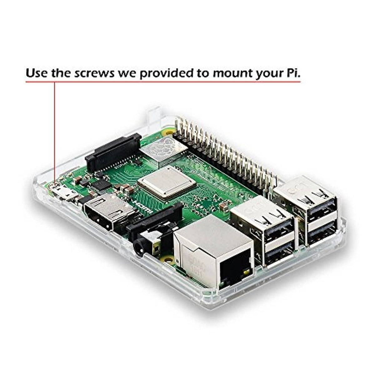 Transparent Raspberry Pi 3B+ case with USB and Ethernet ports, board housed inside