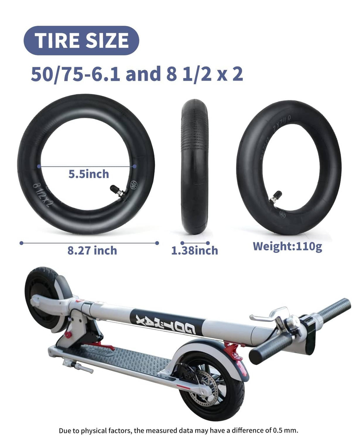 Black scooter inner tube set showing ring size and valve stem