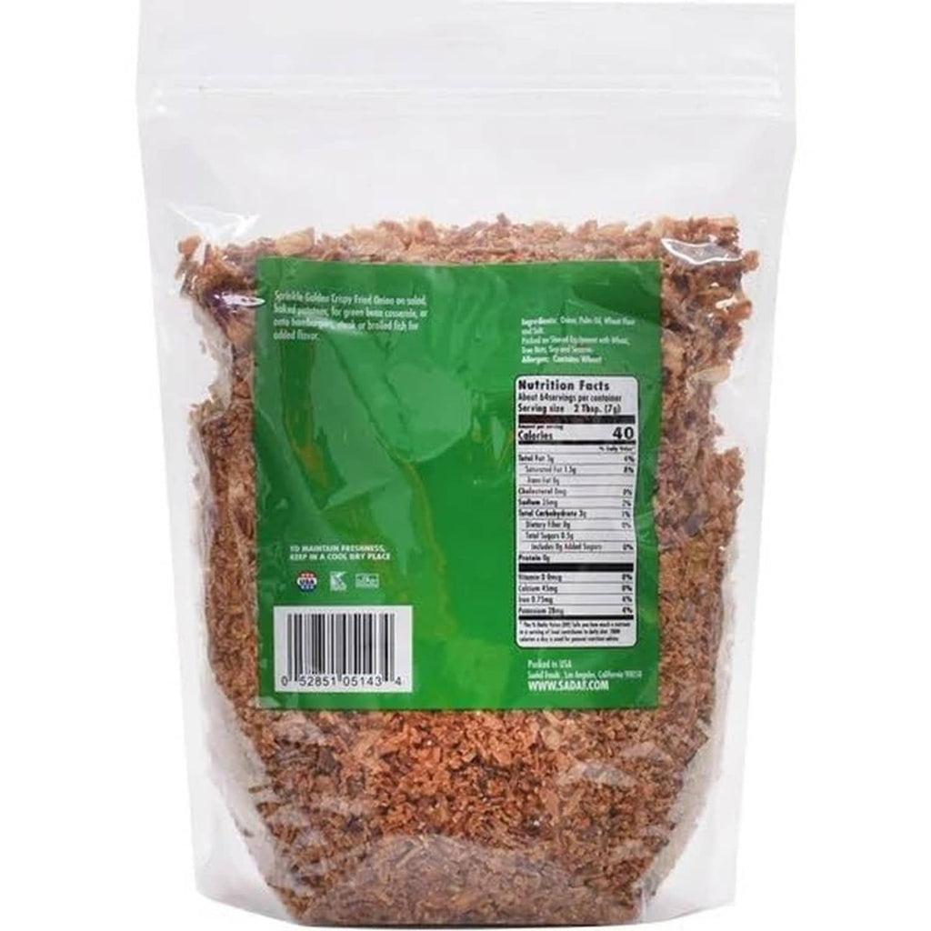 Sadaf Golden Crispy Fried Onions back of pouch with Nutrition Facts and ingredients