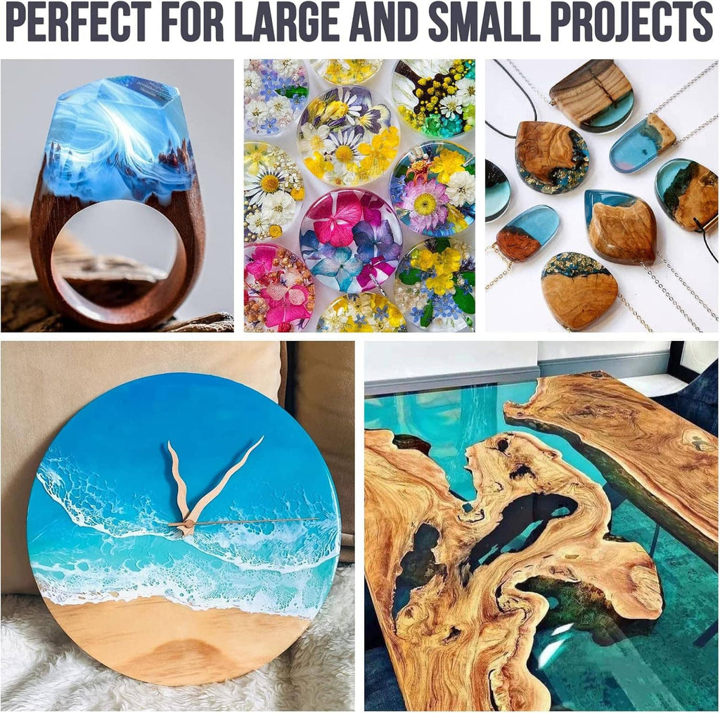 Epoxy resin project collage featuring resin ocean, flower pieces, and river slab art