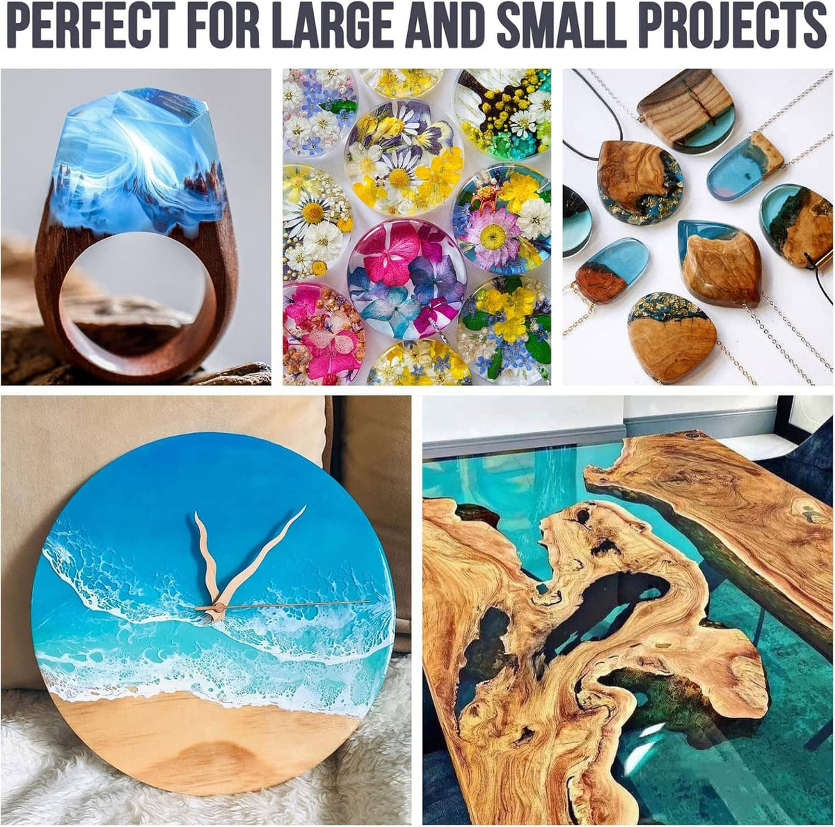 Epoxy resin project collage featuring resin ocean, flower pieces, and river slab art