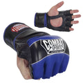 Youth boxing gloves with open palm grip, black and blue full padding.