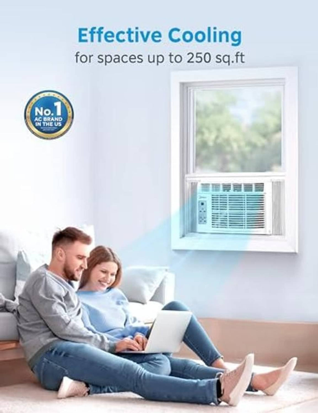 White window air conditioner unit in a window opening with front grille and controls panel.