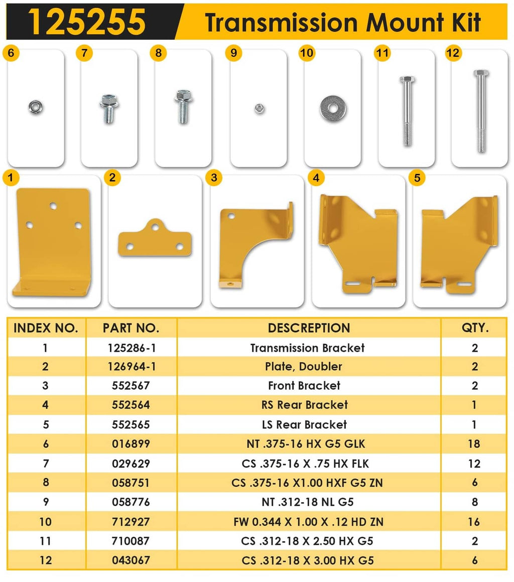 Assorted yellow transmission mount brackets and fasteners laid out for identification.