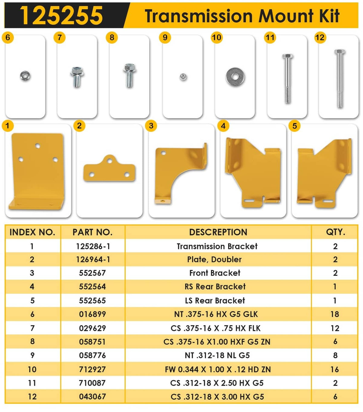 Assorted yellow transmission mount brackets and fasteners laid out for identification.