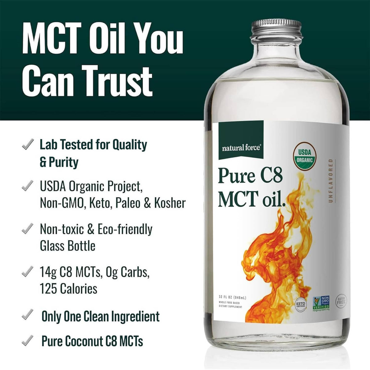 Glass bottle of Pure C8 MCT oil with front label and USDA Organic seal