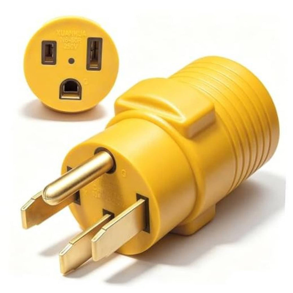 Yellow NEMA-style adapter plug with metal prongs and round connector face