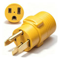 Yellow NEMA-style adapter plug with metal prongs and round connector face