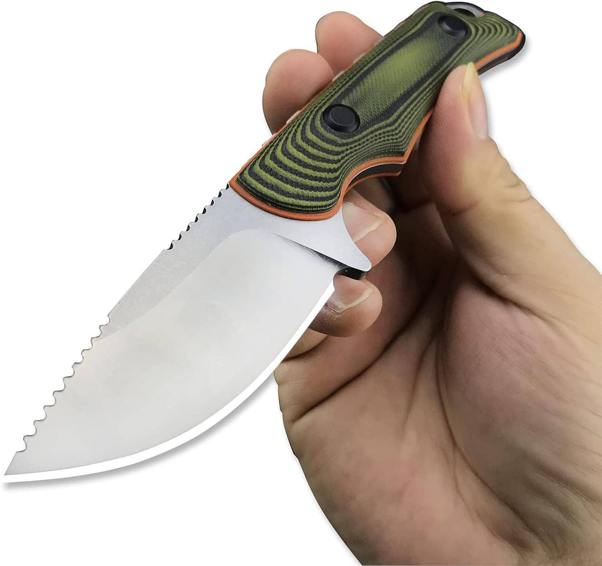 Fixed blade knife with green handle held in hand, silver blade and saw-like edge