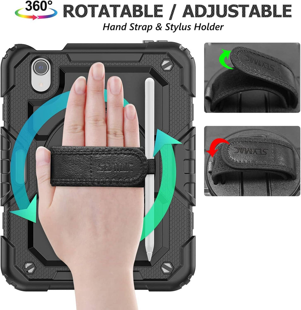 Rugged black tablet case with hand strap and stylus holder, 360° rotation