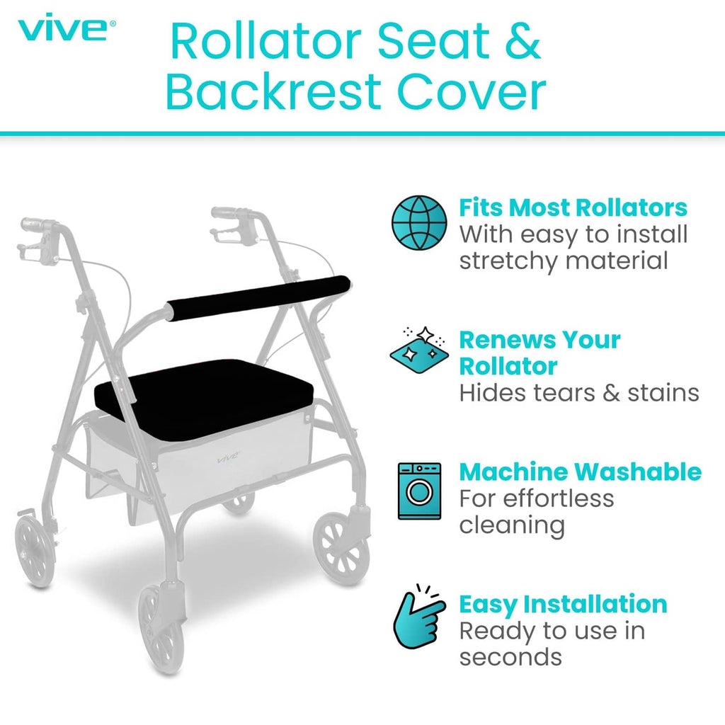 Rollator seat and backrest cover set, black cover on walker with removable design