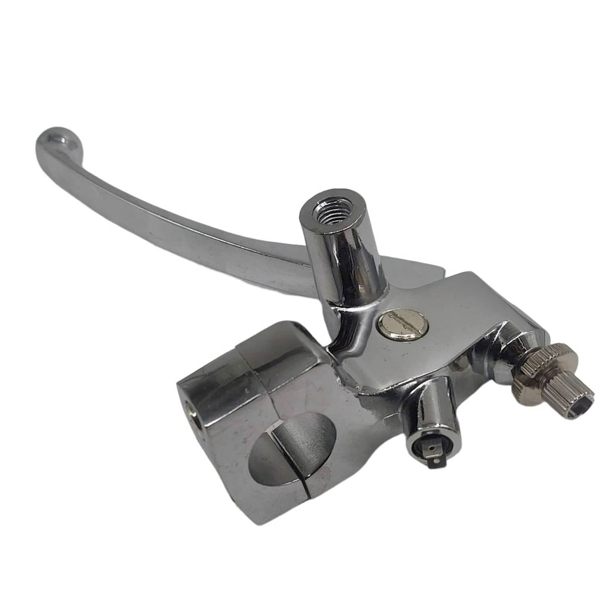 Chrome motorcycle brake master cylinder with lever and threaded bar clamp connection