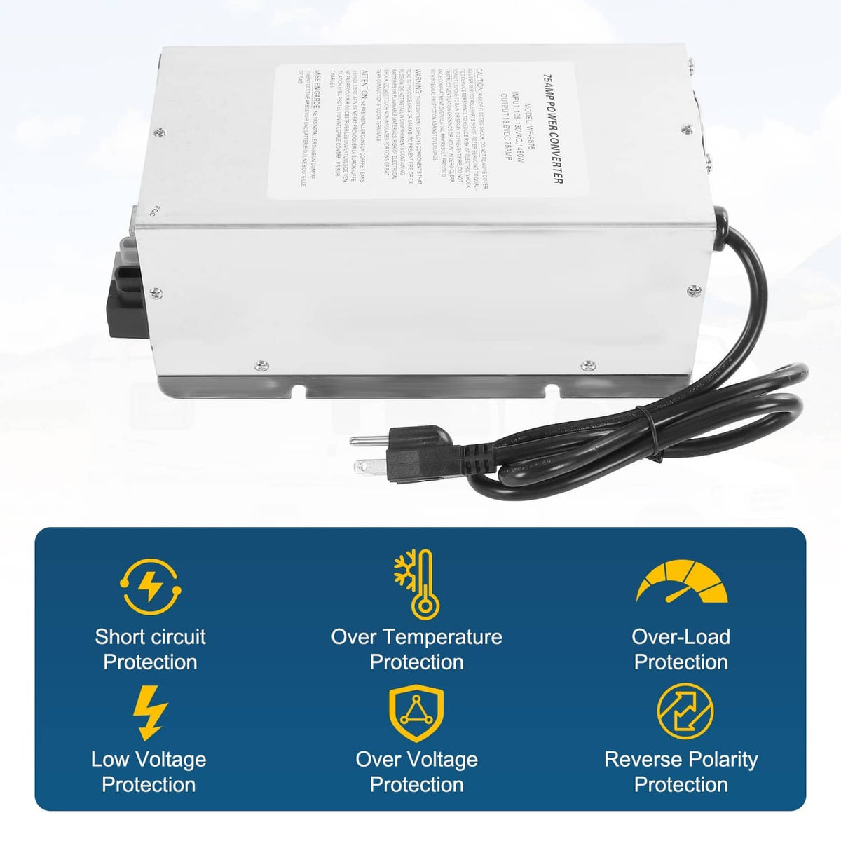 Power converter charger with AC power cord and built-in protection label